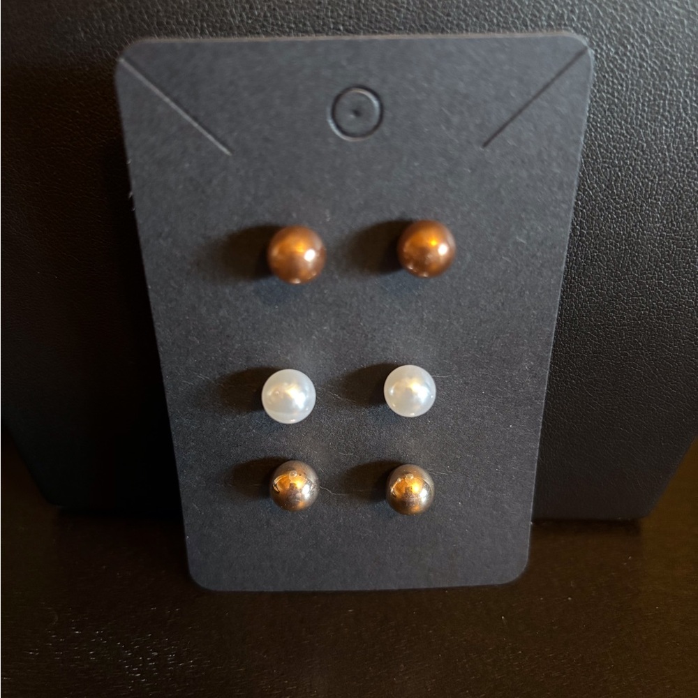 NEW 3 Pair Stud Earrings, Bronze, Pearl, Gold